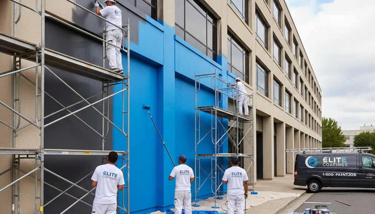 Professional commercial painters coating office exterior in West Palm Beach FL for lasting coastal protection