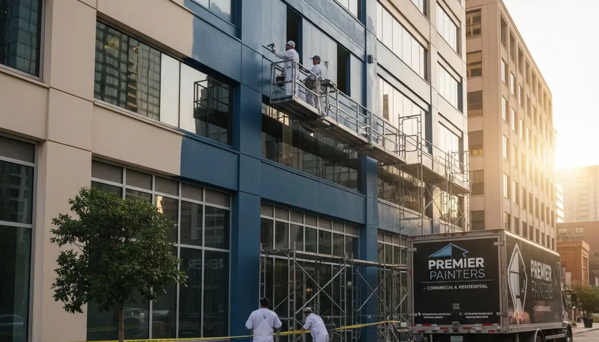 Professional commercial painters coating building exterior in West Palm Beach, FL