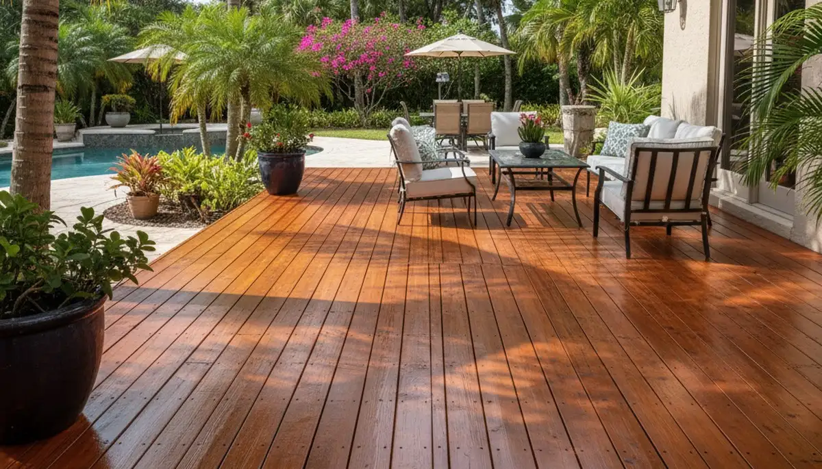 Completed deck staining with rich wood finish by house painters in West Palm Beach, FL