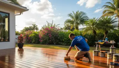 Professional deck staining in West Palm Beach FL enhancing wood finish and protecting against sun and moisture