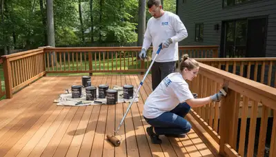 Professional deck staining by house painters in West Palm Beach FL protecting wood from sun and salt air