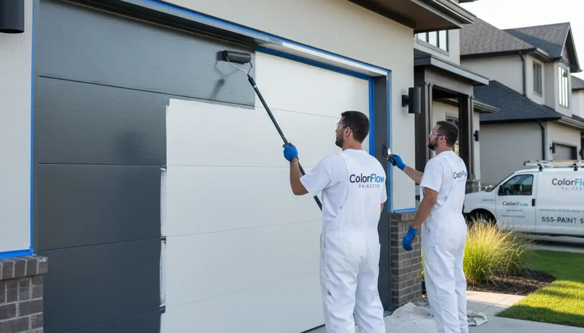 Professional painter refinishing garage door in West Palm Beach FL for long-lasting curb appeal