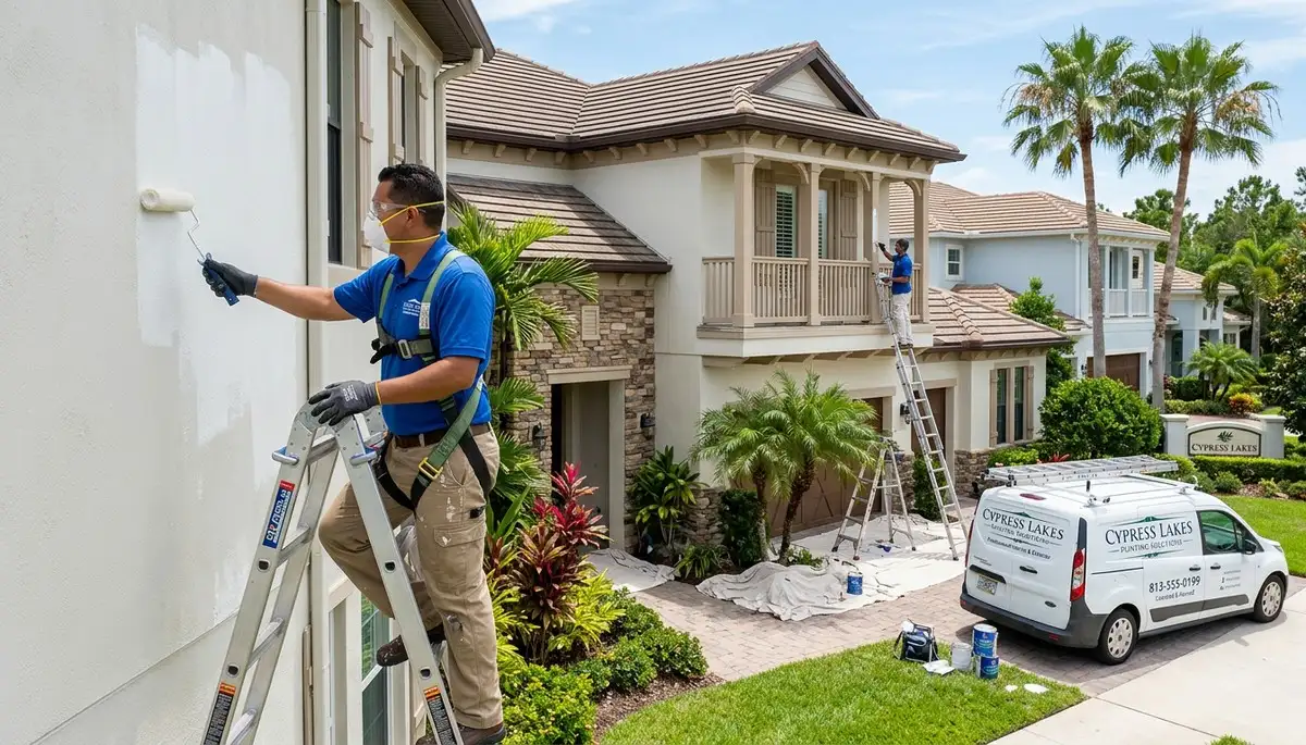 Professional house painters working on exterior home in West Palm Beach FL
