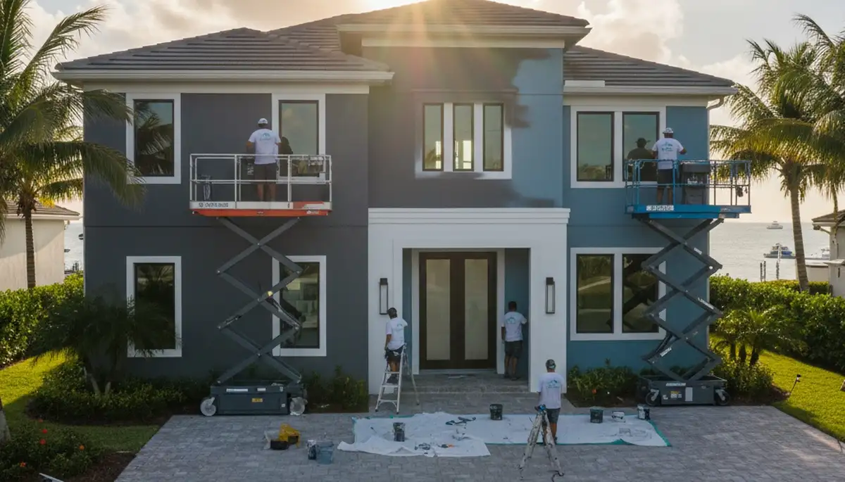 West Palm Beach, FL house painting contractors painting a home exterior with professional finish
