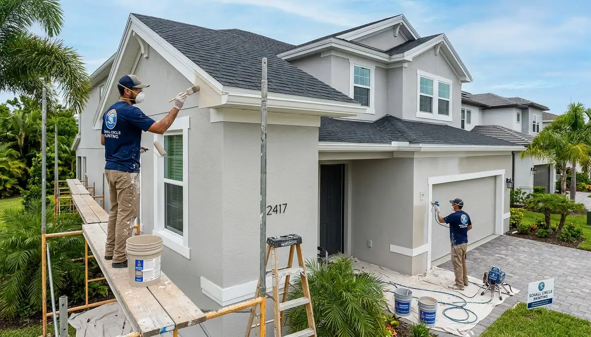 Professional house painters working on exterior home in West Palm Beach FL