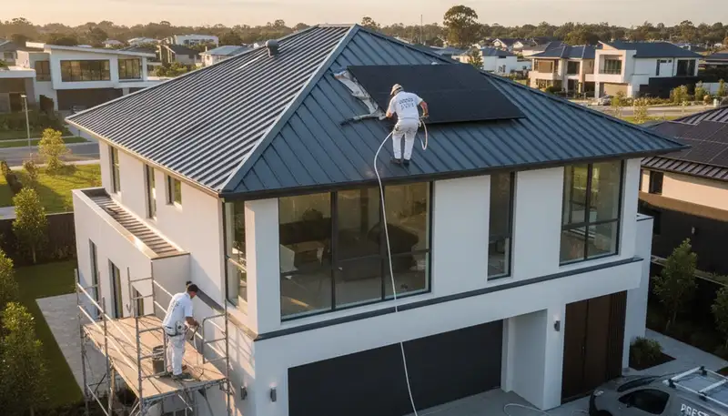 Professional roof painting contractors coating tile roof in West Palm Beach FL for UV and weather protection