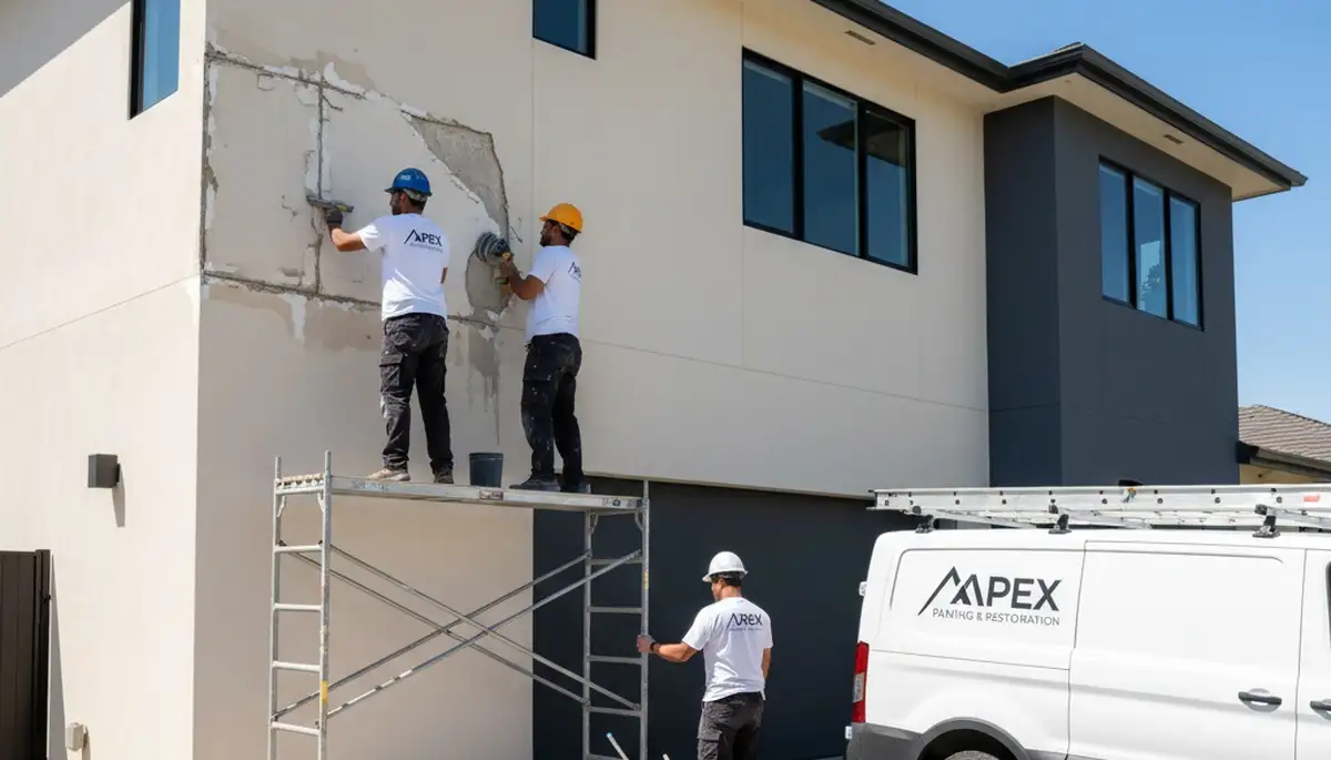 Professional stucco repair on coastal home exterior in West Palm Beach, FL by expert painting contractors
