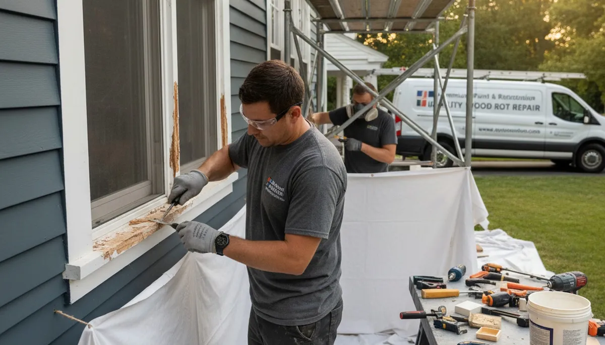 Painter repairing exterior wood rot damage on a West Palm Beach FL home during restoration service