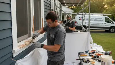 Painter repairing exterior wood rot damage on a West Palm Beach FL home during restoration service