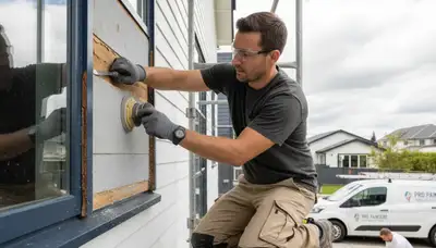 Contractor repairing wood rot on exterior siding in West Palm Beach, FL home restoration project